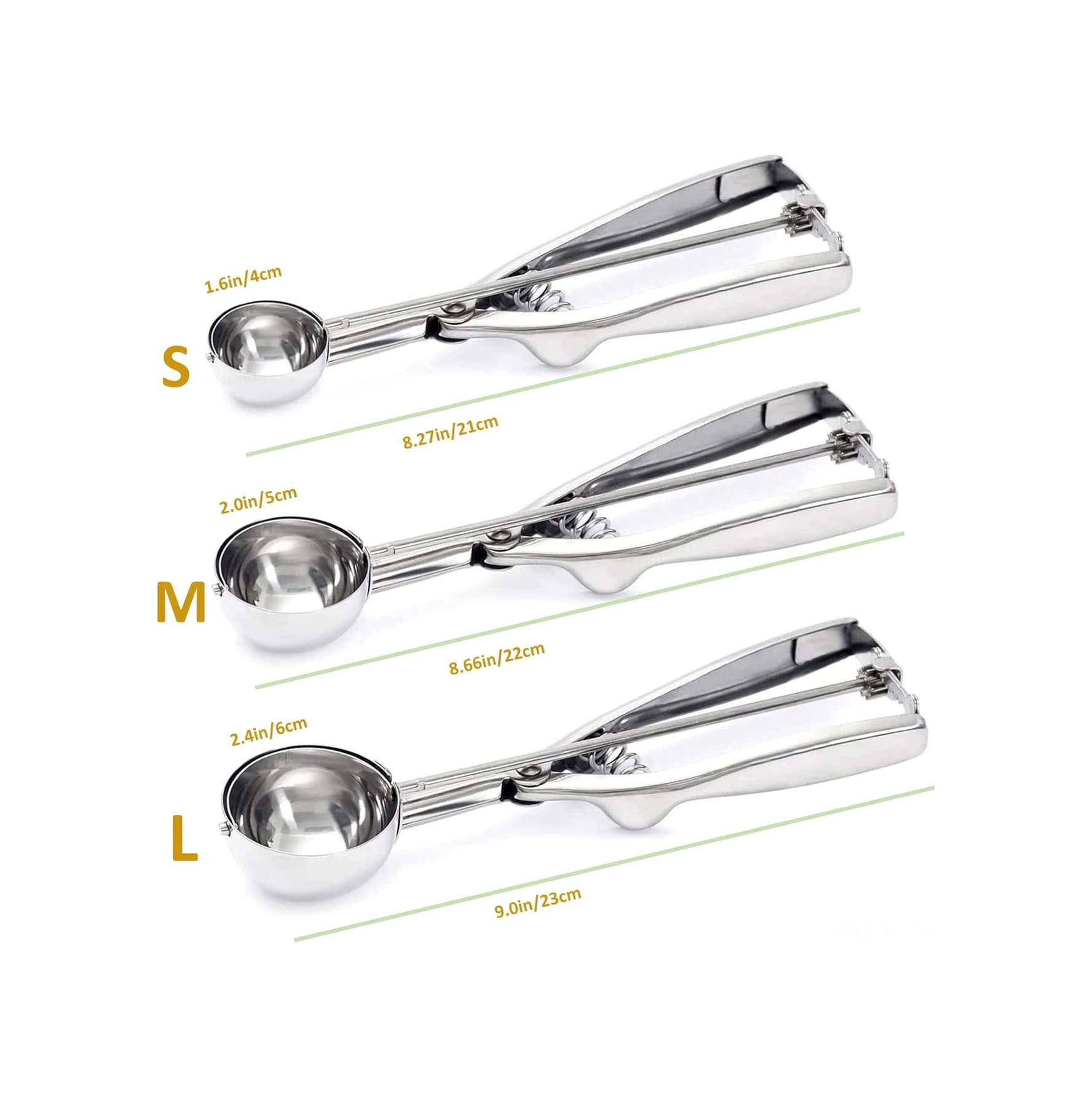 Hombey 3'lü Çelik Bisküvi/helado Kaşığı Seti - Otomatik Serbest Bırakma Mekanizması İle Çeşitli Yemekleriniz İçin Pratik Kişisel Mutfak Aracı Gümüş