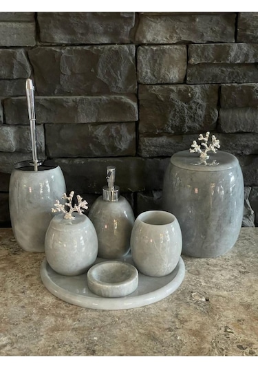 Gri Doğal Mermer Gümüş Mercan Aksesuarlı Oval 7,li Banyo Seti Beyaz