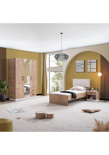 Genç Odası Efes 3 Kapaklı Dolap,karyola,komodin Ceviz Krem Ceviz