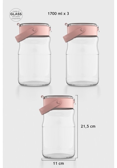 Renga Mono 1700 Ml Pembe Kapaklı 3'lü Cam Kavanoz Seti 131072 Pembe