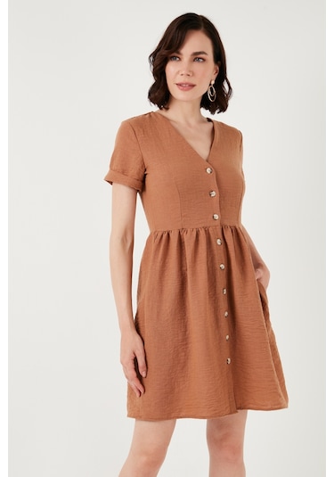 Lela Cepli Önü Düğmeli Kısa Kollu V Yaka Regular Fit Bayan Elbise 611El222 Kahve