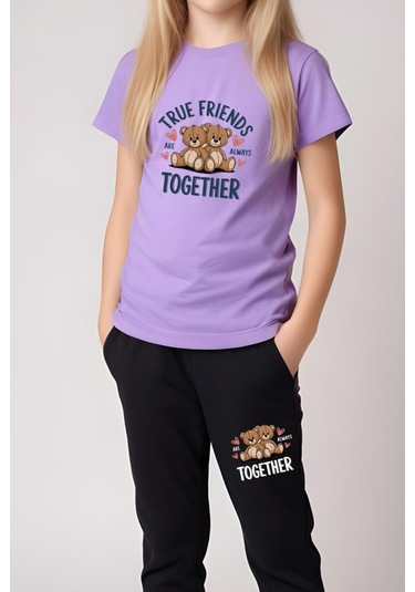 True Friends Baskılı Kız Çocuk Tişört Ve Eşofman Alt-üst Takım Lila