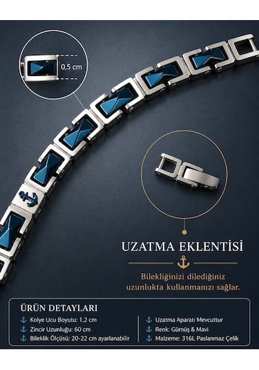 Paslanmaz Çelik Mavi Ocean Spirit Deniz Çapa Kolye Bileklik Seti Gümüş - Mavi