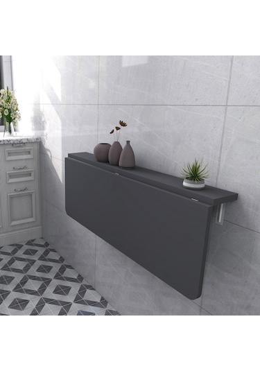 60x110 Cm Antrasit Sabit Raflı Duvara Monte Kırma Katlanır Masa