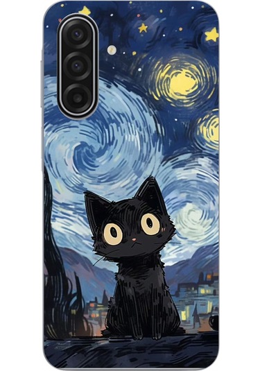 Samsung Galaxy A17 Uyumlu Gece Yarısı Kedi Tasarımlı Baskılı Silikon Kılıf Renkli