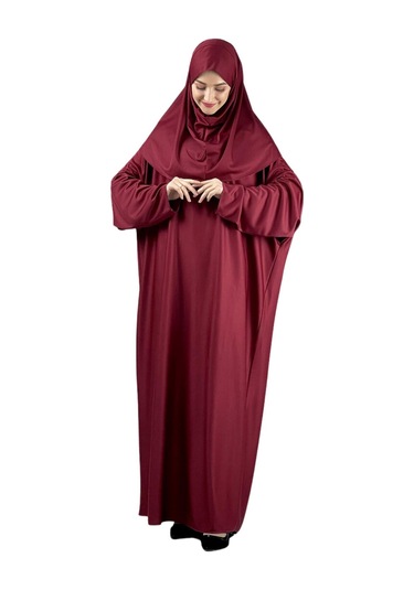 Namaz Elbisesi Eşarp Seccade Tesbih Set, İslami Giyim Takım Ferace Turban Şal Kırmızı