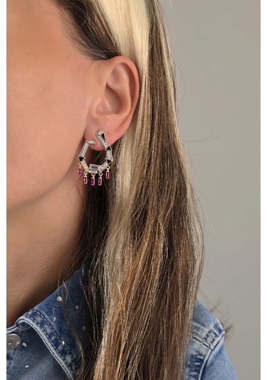 Triangle Pembe Sallantılı Siyah Mineli Köşeli Küpe Çok Renkli