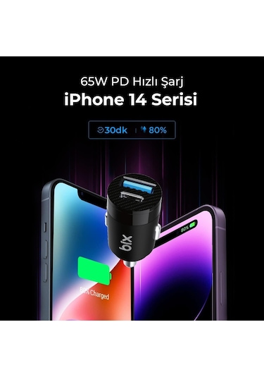 Bix 65w Type-c Pd 3.0 Ve Usb-a Çift Portlu Araç İçi Hızlı Şarj Cihazı Siyah