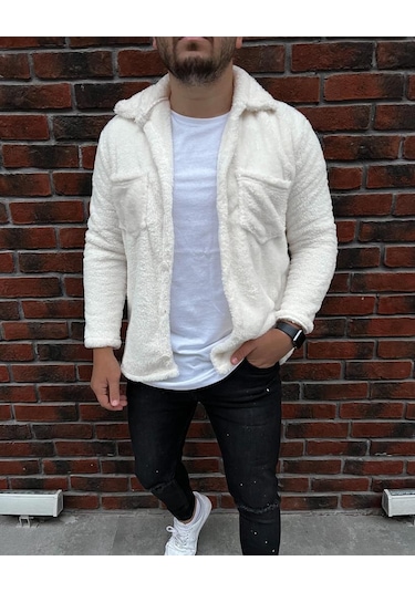 Unisex Ekru Düğme Detaylı Cepli Peluş Ceket Ekru