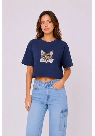 Hazego Kedi Baskılı Oversize Crop Tişört Salaş Basic Yarım Kol T-shirt - Lacivert