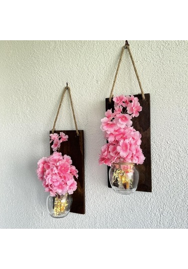 Led Işıklı, Pembe Bahardalı Çiçekli Duvar Dekoru Ceviz İkili Set Ceviz