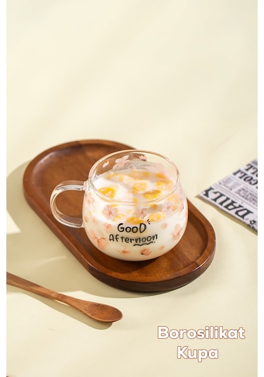 Porsima 2089-1 Borosilikat Isıya Ateşe Dayanıklı Cam Kulplu Çay Bardağı Kahve Bardak Kupa Pembe 400 Ml Şeffaf