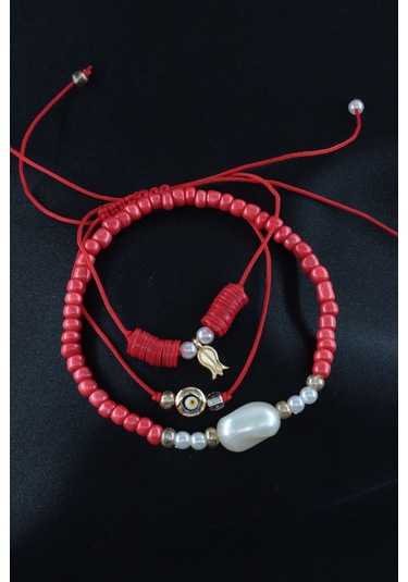 3lü Laleli İncili Nazar Boncuklu Asansörlü Lastikli İp Bileklik. Boncuklu Kadın İp Bileklik Halhal Çok Renkli