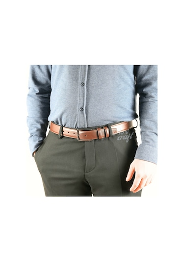 Hakiki Deri Erkek Kemerengi 3,5cm Dikişli Kahve Klasik Kemer Kahverengi