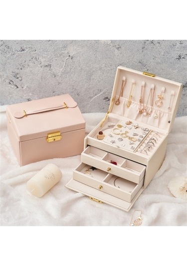 Dancemonkey Cbtx Üç Katlı Mücevher Kutusu, Pu Deri Kolye Küpe Yüzük Saklama Kutusu, Kilitli 17x14x13cm Koyu Mavi Koyu Mavi