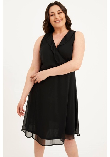 Çapraz Biyeli Astarlı Şifon Elbise-1576 Siyah