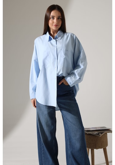 Yeni Sezon Poplin Kumaş Çift Cepli Oversize Pamuklu Kadın Tunik Gömlek Mavi