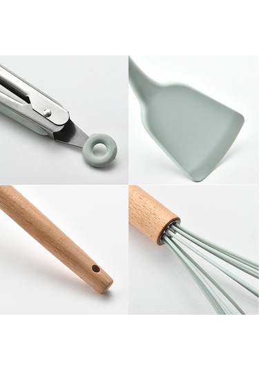 9 Parça Mutfak Aletleri Seti Silikon Mutfak Gereçleri Seti Ahşap Saplı Pişirme Seti Şef Yapışmaz Pişirme Eşyaları Mutfak Aletleri Yeşil