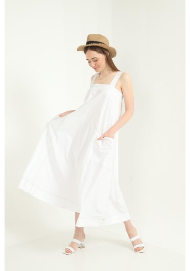Beyaz Askılı Cepli Elbise Beyaz