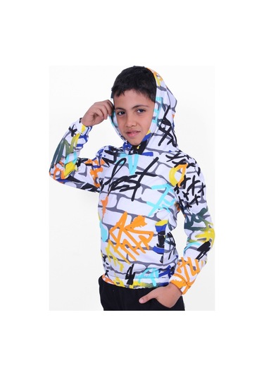 Beyaz Desenli Kapüşonlu Unisex Sweatshirt 2 İpilik Beyaz