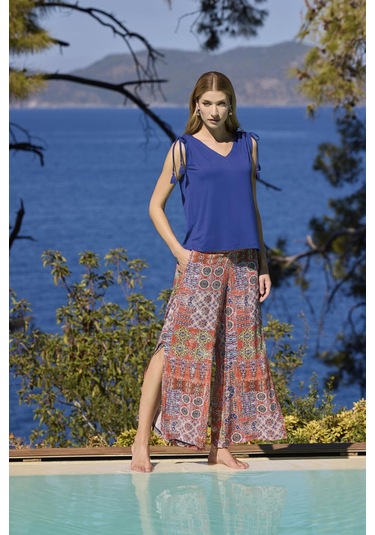 Monamise Kadın Etnik Desenli Yırtmaçlı V Yaka Askılı Alt Üst Takım 25029 Saks