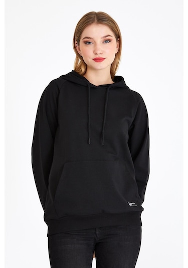 Comeor Kadın Siyah Basic Kapüşonlu Regular Fit Rahat Sweatshirt 001
