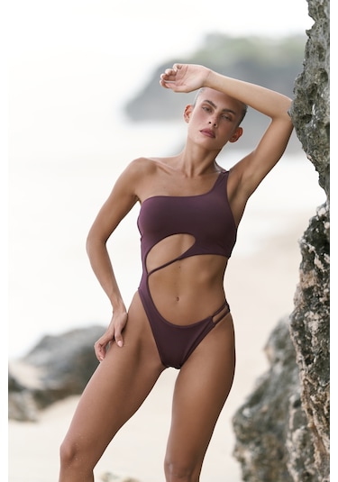 Mai Collection Mai Studios Co. Donnalee Asimetrik Tek Omuz Bordo Mayokini Çok Renkli