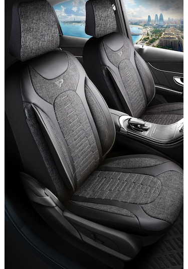 Füme - Gri Panda Bakü Serısı Keten Kumaş Oto Koltuk Kılıfı - Tam Set