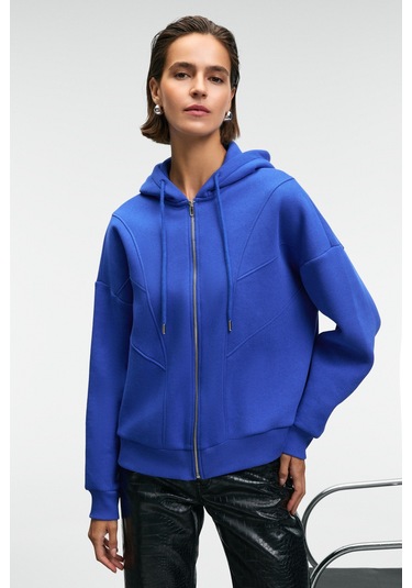 VYSELLE Kadın Önü Kesikli Metal Fermuarlı Kapüşonlu Etiket Detaylı Oversize Mavi Sweatshirt