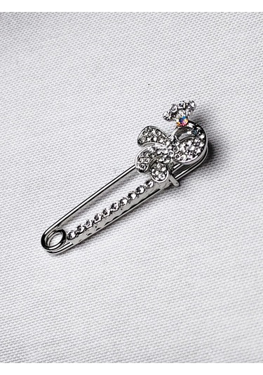 Taş Süslemeli Fiyonk Detaylı Gümüş Renk Çengelli İğne Broş Gold