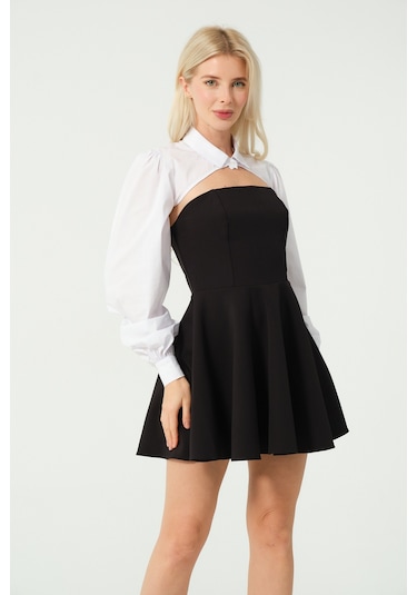 Kolluk Detay Mini Kloş Elbise Siyah Beyaz