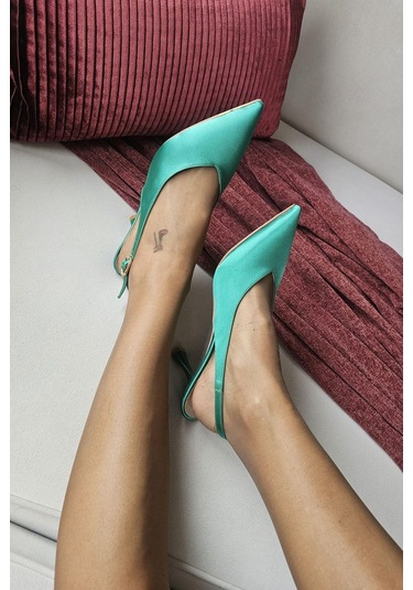 10 44 Topukla Kadın Arkası Açık Kadeh Topuklu Stiletto Abiye Ayakkabı Yeşil Saten