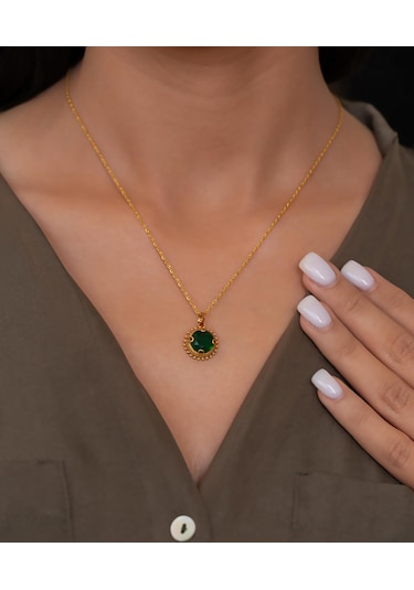 Bayar Gold 14 Ayar Altın Yeşil Güneş Taşlı Kolye Sarı Altın