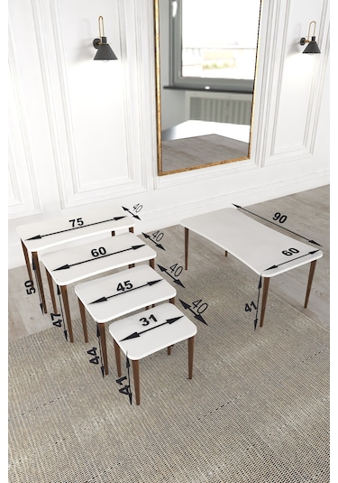 Aleyna 5li Orta Sehpa ve Zigon Sehpa Ahşap Ayaklı – Siyah Mermer