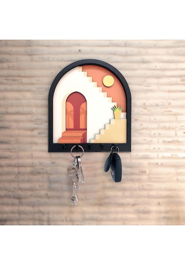 Cajuart Turuncu Soyut Merdiven Tasarım 3d Katmanlı Duvar Askısı Anahtarlık