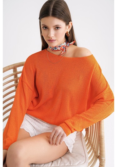 6933 Kadın Kayık Yaka İnce Mevsimlik Triko Kazak Turuncu Turuncu