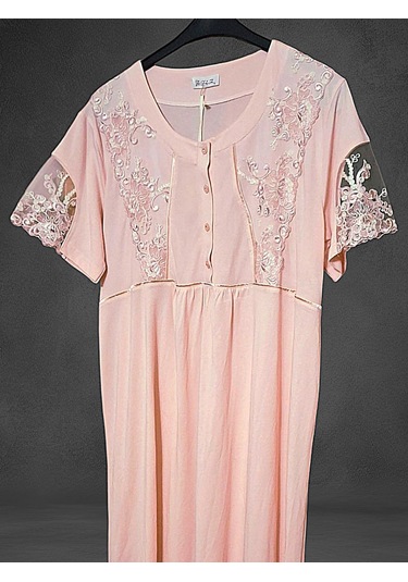 Kısa Kol Dantel Detaylı Kadın Gecelik Somon SOMON