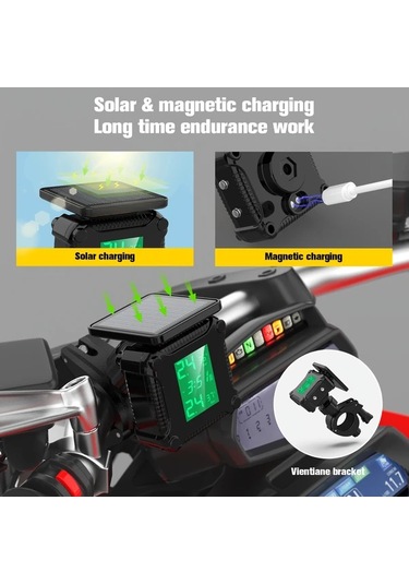 Xuweiwei Ynf Siyah Motosiklet Lastik Basınç İzleme Sistemi Lcd Ekranlı Ip67 Kablosuz Güneş Şarj Otomatik Alarm Algılama Motosiklet Aksesuarı