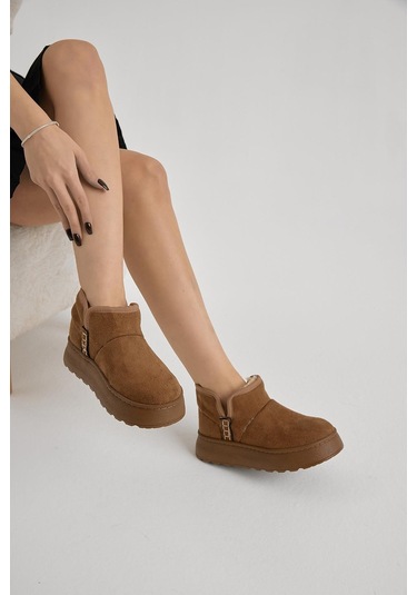 Kalın Poli Taban İçi Astarlı Süet Görünümlü Kadın Taba Günlük Bot Tbprf005 Taba