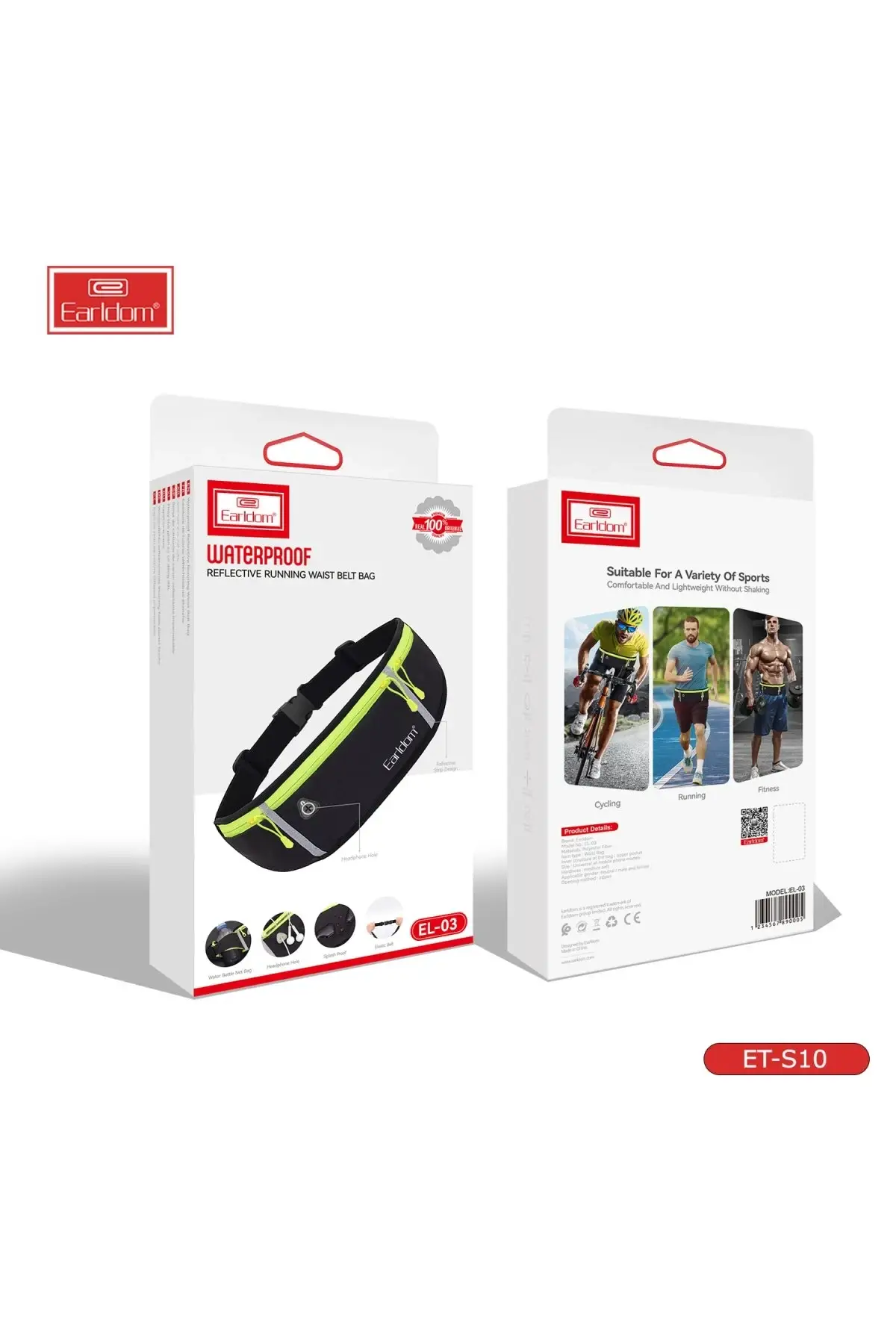 Earldom S10 Su Geçirmez Fosforlu Spor Bel Çantası - Siyah Siyah - Yeşil