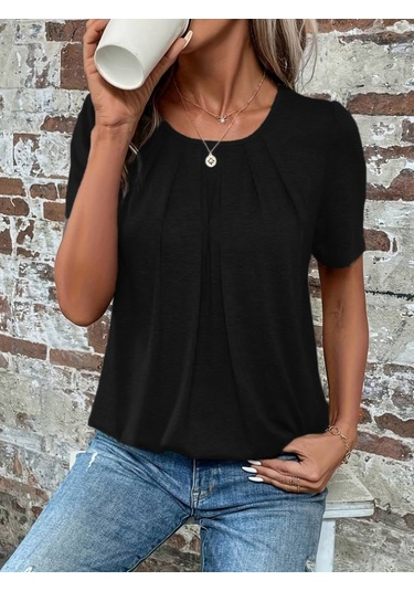 Munn Collection Kadın Kısa Kollu Yuvarlak Yaka Önden Pileli Salaş Viskon Bluz Siyah