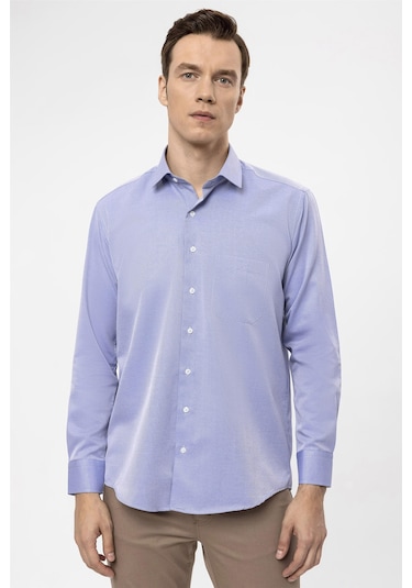 SÜVARİ Mavi Regular Armürlü Klasik Yaka Gömlek Mavi