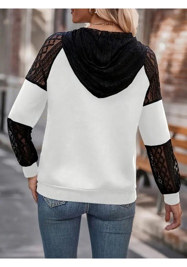 Kadın Uzun Kollu Dantelli Kapşonlu Viskon Iki Iplik Bluz Beyaz