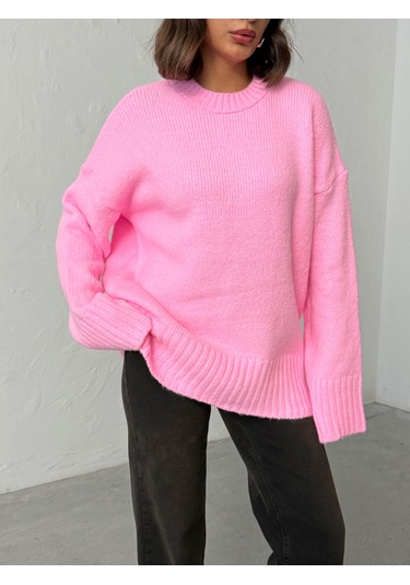 Kadın Yumuşak Dokulu Bisiklet Yaka Oversize Basic Triko Kazak Pembe