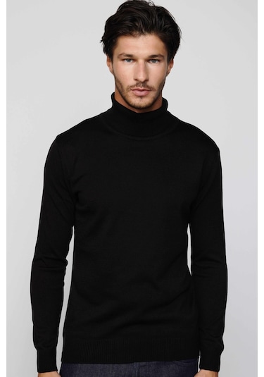 Tudors Slim Fit Dar Kesim Tam Balikcı Yaka Tüylenmeyen Yumuşak Dokulu Siyah Erkek Kazak-29109-siyah Siyah