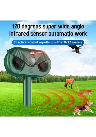 Vkemall Solar Enerjiyle Usb İle Çift Gelişimli, Ultrason+led+lazer Üçlü Hayvan Kovucu - 120 Derece Geniş Açı, 5 Çalışma Modu, Ip54 Su Geçirmez, Yeşil 1200mah Dahili Batarya Yeşil