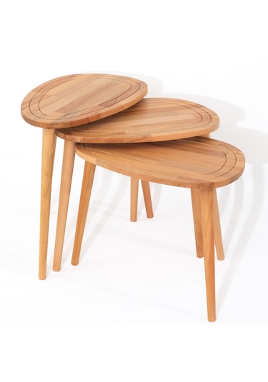 Sweet Naturel Renk Masif Doğal Ahşap Yan Sehpa 3'lü Zigon Sehpa