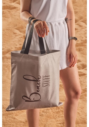 Beach Stuff Desen Baskılı Plaj Çantası Bej