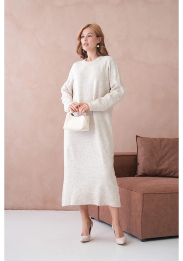 Kadın Bisiklet Yaka Yumuşak Dokulu Maksi Boy Şardonlu Oversize Triko Elbise 8324sw Taş
