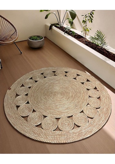 1 Adet Yuvarlak Parçalı Jüt Görünümlü Kilim 100 Cm Kahverengi